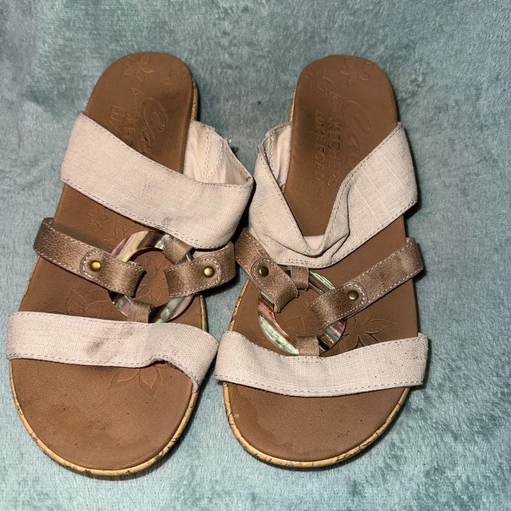 Skechers Womens Cali Luxe Foam Wedge Sandals 8 Tan Cork Platform Strappy